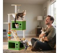 PETCUTE Rascador para Gato,Árbol para Gatos de Madera,Torre de Gato con Cápsula Espacial,Postes Rascadores, 2 Plataformas,1 Cueva, 1 Pompones,Escalera,Muebles para Gatos