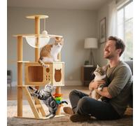 PETCUTE Rascador para Gato,Árbol para Gatos de Madera,Torre de Gato con Cápsula Espacial,Postes Rascadores, 2 Plataformas,1 Cueva, 1 Pompones,Escalera,Muebles para Gatos