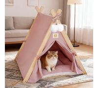 PETCUTE Tienda Tipi para Gatos, Gatitos y Perros Pequeños, Tienda Plegables para Perros con Estructura Triangular de Madera y Cojín Extraíble, Acogedora Caseta Interior para Gatos,Rosa