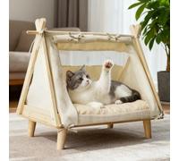 PETCUTE Tienda Tipi para Mascotas, Cama Tipi Portátil para Perros,Tienda para Gatos con cojín Extraíble,Estructura de Madera Plegable,Caseta para Mascotas de Interior y Exterior,Beige