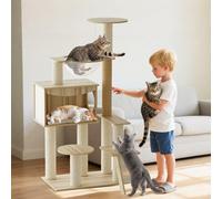PETCUTE Torre de Gato Grande de Madera, Árbol para Gatos de 124cm con Poste Rascador,Escalera,Plataforma de Observación,Perchas y Nido de Cápsulas, Juguete,para Gatos de Interior