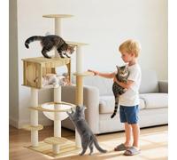 PETCUTE Torre de Gato Grande de Madera, Árbol para Gatos de 124cm con Poste Rascador,Escalera,Plataforma de Observación,Perchas y Nido de Cápsulas, Juguete,para Gatos de Interior
