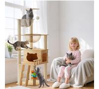 PETCUTE Torre de Gato Grande de Madera, Árbol para Gatos de 150cm con Poste Rascador,Escalera,Plataforma de Observación,Perchas y Nido de Cápsulas, Juguete,para Gatos de Interior