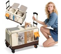PETCUTE Transportín Doble para 2 Gatos con Ruedas,Transportador Rodante para Mascotas con Base Extraíble y Correas de Seguridad,Plegable Bolsa de Transporte para 2 Gatos Pequeños Perros Conejos