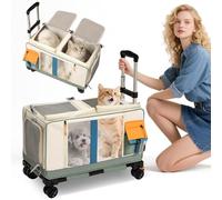PETCUTE Transportín Doble para 2 Gatos con Ruedas,Transportador Rodante para Mascotas con Base Extraíble y Correas de Seguridad,Plegable Bolsa de Transporte para 2 Gatos Pequeños Perros Conejos