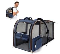 PETCUTE Transportin Extensible para Gato y Perro Pequeño,Mochila Plegable para Gatos con Arnés Interno y 4 Entradas,Mochila Transpirable para Mascotas con Alfombrilla Extraíble,Carga Máxima 8kg,Azul