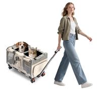 PETCUTE Transportín para Mascotas con Ruedas y Dos Compartimentos,Carga de 17,5 kg,Transportin Gatos Perros con Guinzaglio di Sicurezza,Transportador Plegable para 2 Gatos,para Paseo/Camping,Beige