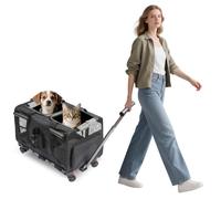 PETCUTE Transportín para Mascotas con Ruedas y Dos Compartimentos,Carga de 17,5 kg,Transportin Gatos Perros con Guinzaglio di Sicurezza,Transportador Plegable para 2 Gatos,para Paseo/Camping,Negro