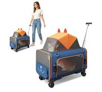 PETCUTE Transportín Plegable para Mascotas con Ruedas Extraíbles,Bolsa de Transporte para Perros con Asa Telescópica,Transportador para Perros Pequeños,para Viajes, Senderismo, Camping,Azul+Naranja
