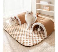 PETCUTE Túnel para Gatos en Forma de U con Colchoneta, Túnel de Juego para Gatos con Tubo Extraíble y Bola de Juego Colgante,Lavable y Desmontable,Tubo para Gato con Base Antideslizante,Marrón,S