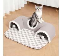 PETCUTE Túnel para Gatos en Forma de U con Colchoneta, Túnel de Juego para Gatos con Tubo Extraíble y Bola de Juego Colgante,Lavable y Desmontable,Tubo para Gato con Base Antideslizante,Gris,L