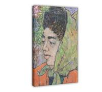 Peter Samuelson (1912-1996) - 1993 Petróleo, Lady in A Green Headscarf Original Vintage Antique Artwor Modern Wall Prints Abstract Geométrico Minimalista Arte Enmarcado Lienzo Impresiones para Oficina