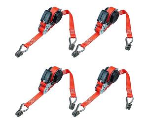 PETEX 4 Correas tensoras automáticas de carraca, autoenrollables, 1 Pieza, 5 m x 25 mm, 350/700 Dan, Rojo, Gancho Doble Puntiagudo