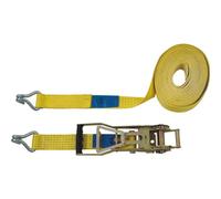 Petex 43193019 - Correa ajustable de 2 piezas, 10 m, 50 mm, 2500/5000 daN, - Sacapuntas doble gancho, carraca 35 cm, amarillo