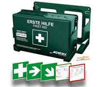 PETEX Botiquín de primeros auxilios estándar verde DIN 13157 | Soporte de pared, incluye 5 pegatinas, maletín de primeros auxilios, para empresa, oficina, obras de construcción