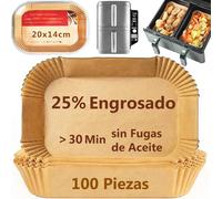 PETHREE Papel para Freidora Aire Doble, 100 Piezas 20x14cm Engrosado Papel Air Fryer Rectangular, Accesorios Moldes Cubeta Bandeja Airfryer Baking Paper de Horno Dos Cajones - Espesor de 100μm