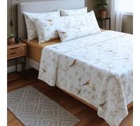 PETIT ALO Juego de Sábanas 100% Algodón - Estampado de Pájaros Mostaza - 3 o 4 Piezas: Bajera, Encimera y Fundas de Almohada - Cama 90, 135, 150 cm - Suaves, Transpirables y Estampadas (Cama 90)