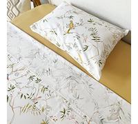 PETIT ALO Juego de Sábanas Blancas100% Algodón Estampado Pájaros Mostaza - 3 o 4 Piezas (Bajera + Encimera + 1 o 2 Fundas de Almohada) - Suave, Transpirable y Alegre - Varios Tamaños (Cama 135)