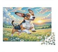 Petit Basset Griffon Vendéen Rompecabezas de Papel Perro pequeño Saltando en Campo de Margaritas Soleado, Divertido para niños +12 38x26cm/1000 Piezas