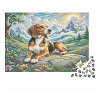 Petit Basset Griffon Vendéen Rompecabezas DIY de Papel Premium Beagle descansando sobre Rocas con montañas, Relleno de calcetín Estimulante Mental 38x26cm/1000 Piezas