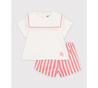 PETIT BATEAU Conjunto de 2 piezas en algodón/lino, con top de cuello marinero. Color Rosa/Crudo
