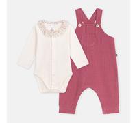 PETIT BATEAU Conjunto de peto y body de felpa, con cuello estampado de flores. Color Azul + Crudo