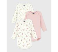 PETIT BATEAU Lote de 3 bodies de manga larga de algodón con impresiones de flores. Color Rosa + Blanco