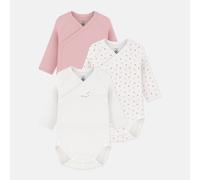 PETIT BATEAU Lote de 3 bodies de recién nacido de manga larga. Color blanco + rosa