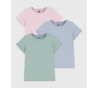 PETIT BATEAU Lote de 3 camisetas lisas de algodón de manga corta para niños. Color AZUL + ROSA + VERDE