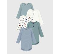 PETIT BATEAU Lote de 5 bodies de manga larga con impresiones de perros. Color Blanco + Azul + Verde