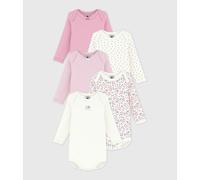 PETIT BATEAU Lote de 5 bodies de manga larga con impresiones florales. Color blanco + rosa