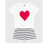 PETIT BATEAU Pijama corto de algodón con estampado de corazones y rayas. Color Blanco