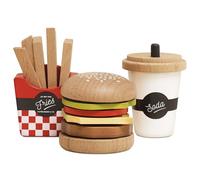 Petit Jour, Set de Juego de Hamburguesa Gastronómica de Madera FSC, Juguete de Imitación Cocina, 3+ Años, 6 x 3 x 6,2 cm, 13 Piezas con Fritas y Soda, Le Toy Van