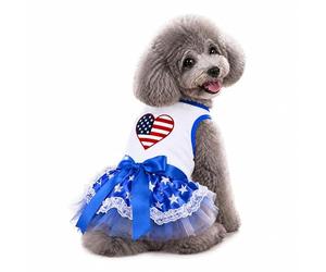 Petitebella Cachorro Ropa USA Corazón Hombre Algodón Blanco Estrellas Azul Encaje Vestido, X-Small, Blanco