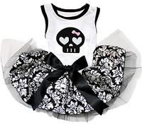 Petitebella Vestido de cachorro de damasco negro con parte superior de algodón blanco con calavera negra (XXL)