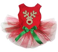 Petitebella Vestido de perro cachorro con cara de reno (rojo/rojo, mediano)