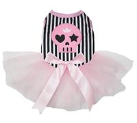 Petitebella Vestido de perro con cara de calavera rosa (rayas/rosa, S)