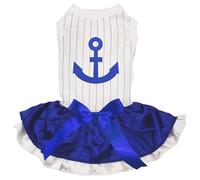 Petitebelle Blue Anchor - Vestido para cachorro (rayas/azul blanco, talla XS)
