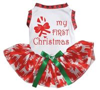 Petitebelle Candy My First Christmas - Vestido para cachorro (ciervos blancos y rojos, talla XS)