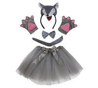 Petitebelle Lobo 3D diadema Bowtie Guantes de cola Tutu niña Disfraz de 5 piezas Un tamaño gris