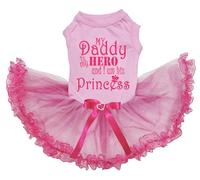 Petitebelle My Daddy Is My Hero And I Am His Princess - Vestido para perro (encaje rosa/rosa, L)