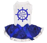 Petitebelle Ship Rudder Happy Columbus Day - Vestido para cachorro (rayas/azul blanco, talla XS)