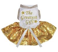 Petitebelle The Greatest Gift - Vestido para cachorro (lentejuelas blancas y amarillas, talla XL)
