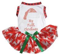Petitebelle Vestido de cachorro con diamantes de imitación My First Christmas (ciervos blancos y rojos, talla S)