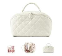 Petition Makeup Bag for Woman, Lay Flat Makeup Bag with Divider and Handle All-in-One Waterproof Large Capacity, 6 Color Open Flat Toiletry Bag for Travels (White)