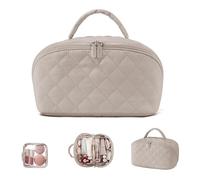 Petition Makeup Bag for Woman, Top Selling Makeup Organizers Wide Open Lay-Flat Water-Resistant Cosmetic Case, Puffy Padded Organizer for Toiletries & Brushes Large Capacity (Khaki)