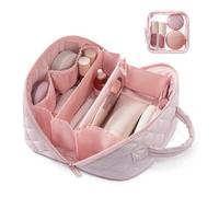 Petition Makeup Bag for Woman, Top Selling Makeup Organizers Wide Open Lay-Flat Water-Resistant Cosmetic Case, Puffy Padded Organizer for Toiletries & Brushes Large Capacity (Pink)