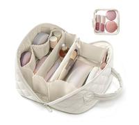 Petition Makeup Bag for Woman, Top Selling Makeup Organizers Wide Open Lay-Flat Water-Resistant Cosmetic Case, Puffy Padded Organizer for Toiletries & Brushes Large Capacity (Off-White)