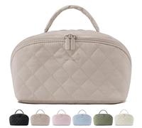Petition Makeup Bag for Woman, Wide Open Lay-Flat Water-Resistant Cosmetic Case, Expandable Makeup Bag, Pouch Open Flat Small Toiletry Bags, with Brush Compartment, Handle (Khaki)