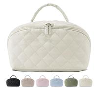 Petition Makeup Bag for Woman, Wide Open Lay-Flat Water-Resistant Cosmetic Case, Expandable Makeup Bag, Pouch Open Flat Small Toiletry Bags, with Brush Compartment, Handle (Beige)